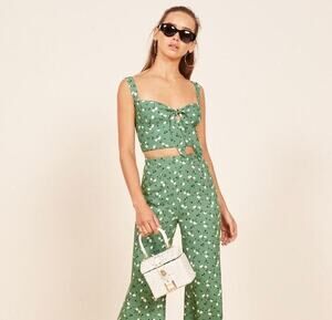 NWT Reformation Floral Tie Front Crop Top Green Size 18
